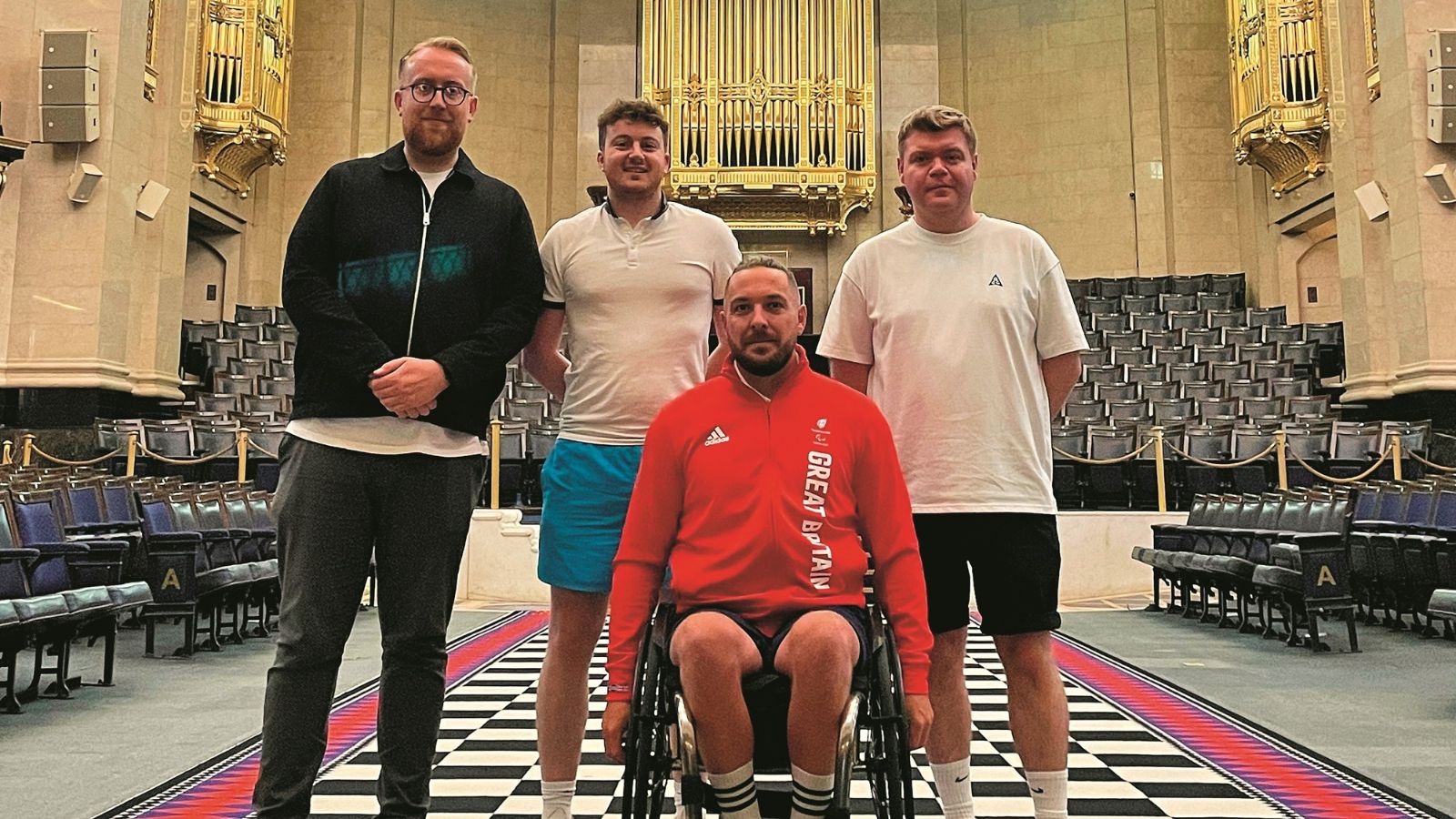 Ben Pritchard with the hosts of Craftcast: The Freemasons Podcast, in the Grand Temple of Freemasons' Hall