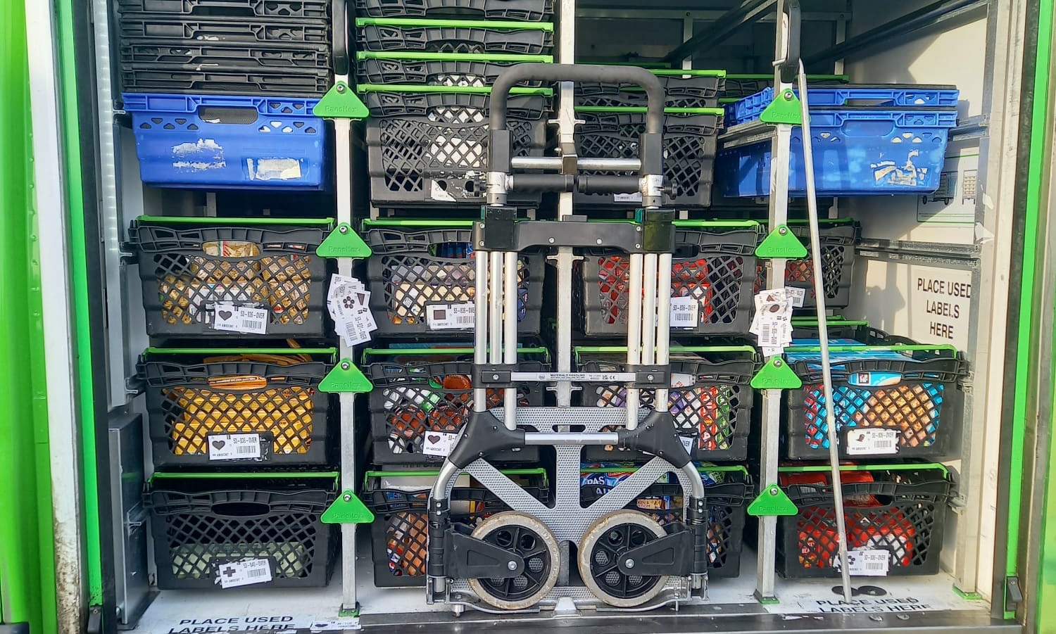 The image is of the donated food in the back of a refrigerated van ready to be unloaded.