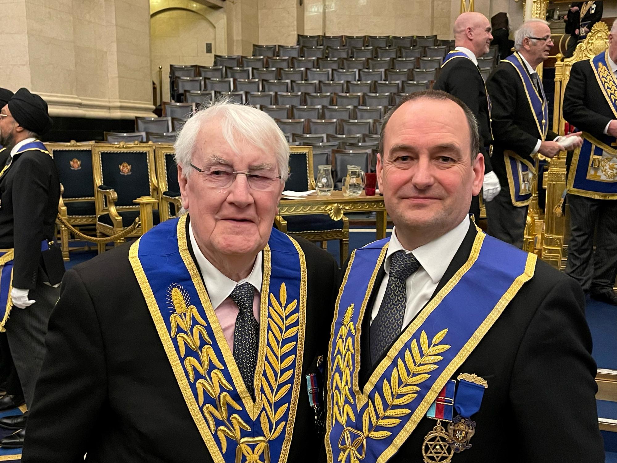 Walter and Simon Yule wearing their Masonic Regalia after a meeting of Grand Lodge