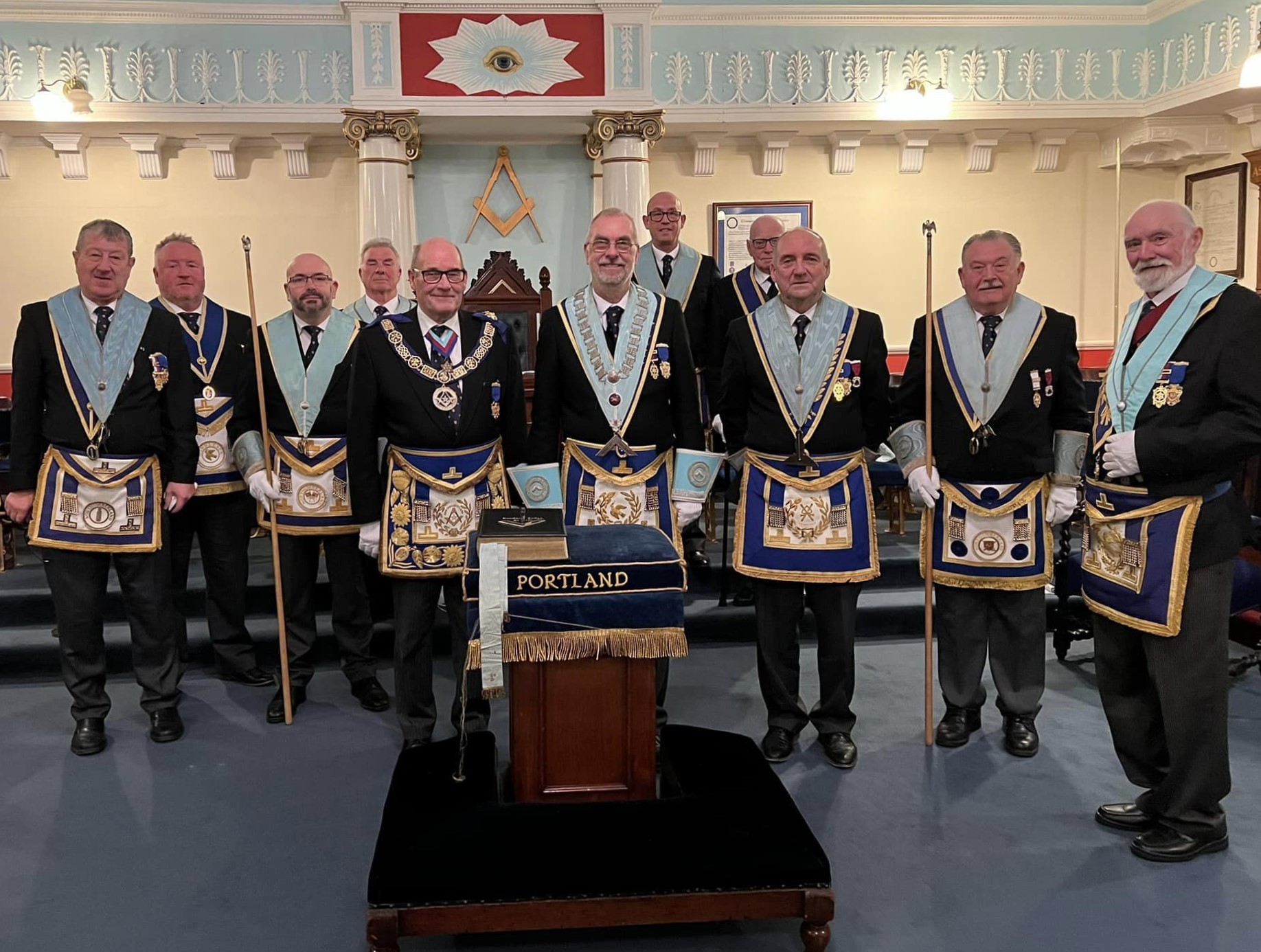 A group of freemasons in full regalia