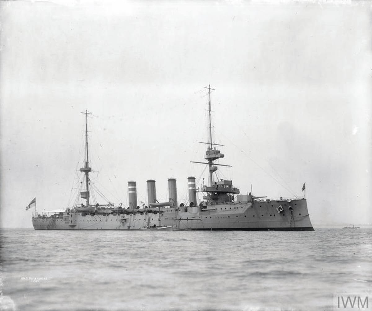 Devonshire class armoured cruiser sunk after hitting a German mine, killing Lord Kitchener and 736 other men, including 10 other Freemasons, 2 June 1916