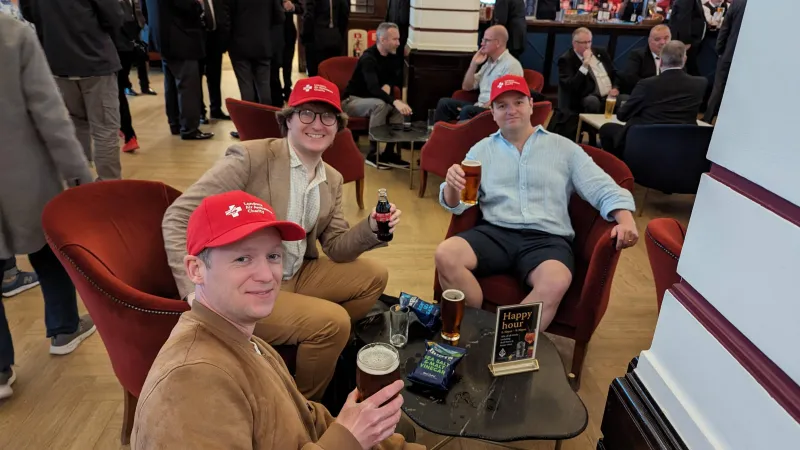 Three Freemasons enjoying drinks at the Café and Bar at Freemasons' Hall in London