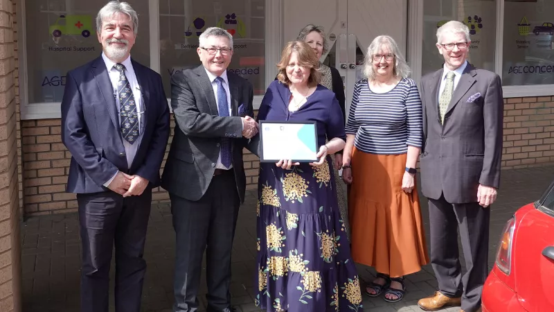 (L to R) W.Bro.Reuben Ayres (Provincial Charity Steward and Asst Leader Devonshire Freemasons), W Bro.Charlie Yelland (Asst Leader Devonshire Freemasons), Amanda Howard (CEO Age Concern North Devon), Tina Harris and Sarah Sime (Age Concern North Devon) and W.Bro.Tim Golder (Asst Leader Devonshire Freemasons).