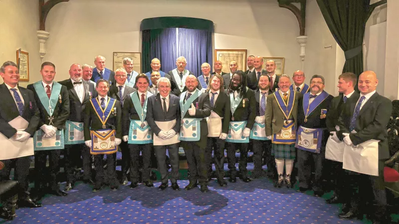 Wiltshire Freemasons in a Masonic Lodge room after an Initiation ceremony. 