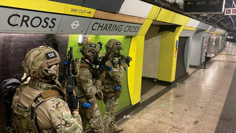 soliders in uniform at Charing Cross Tube station for practice drills