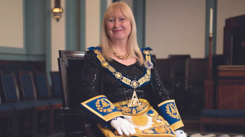 Carol Cole, Grand Master of the Honourable Fraternity of Ancient Freemasons (Freemasonry for women) in her Masonic Regalia
