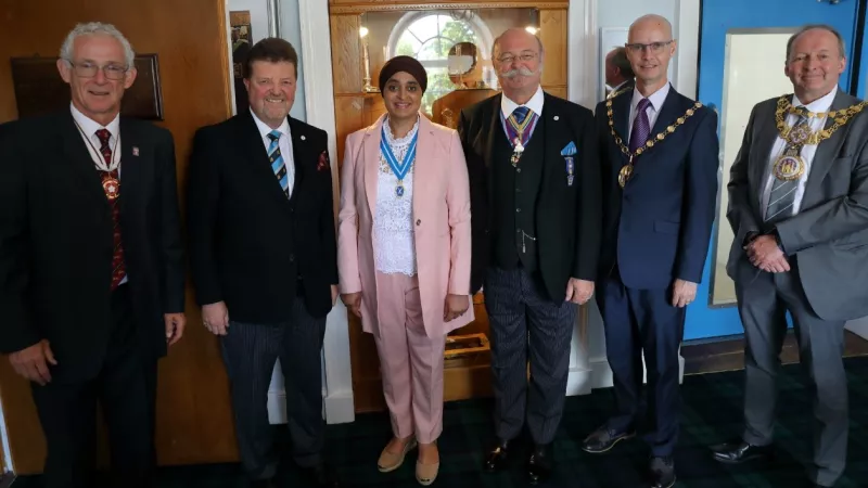 Left to right: Deputy Lt David Kelham, Provincial Grand Master RW Bro Philip Hall, High Sheriff Mrs Rajvinder Kaur Gill, Provincial Grand Master of Mark Master Masons Philip Wills, Chair Warks District Council Robert Margrave and Warwick Mayor Councillor Dave Skinner joined the Warwickshire Freemasons for this year's church service.