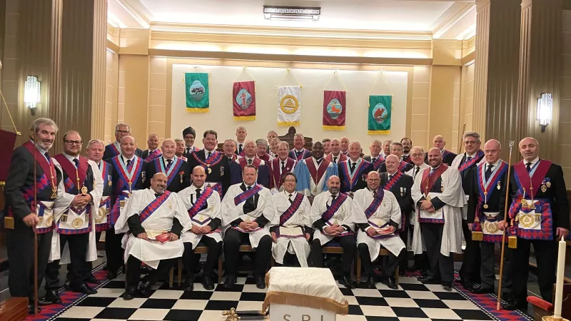 Metropolitan Royal Arch Masons in a lodge room after a 6 Candidate Exaltation