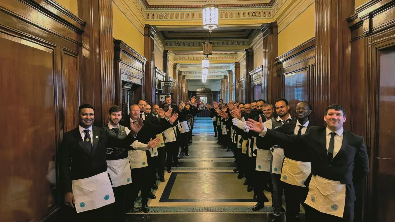 A group of Freemasons in Freemasons' Hall